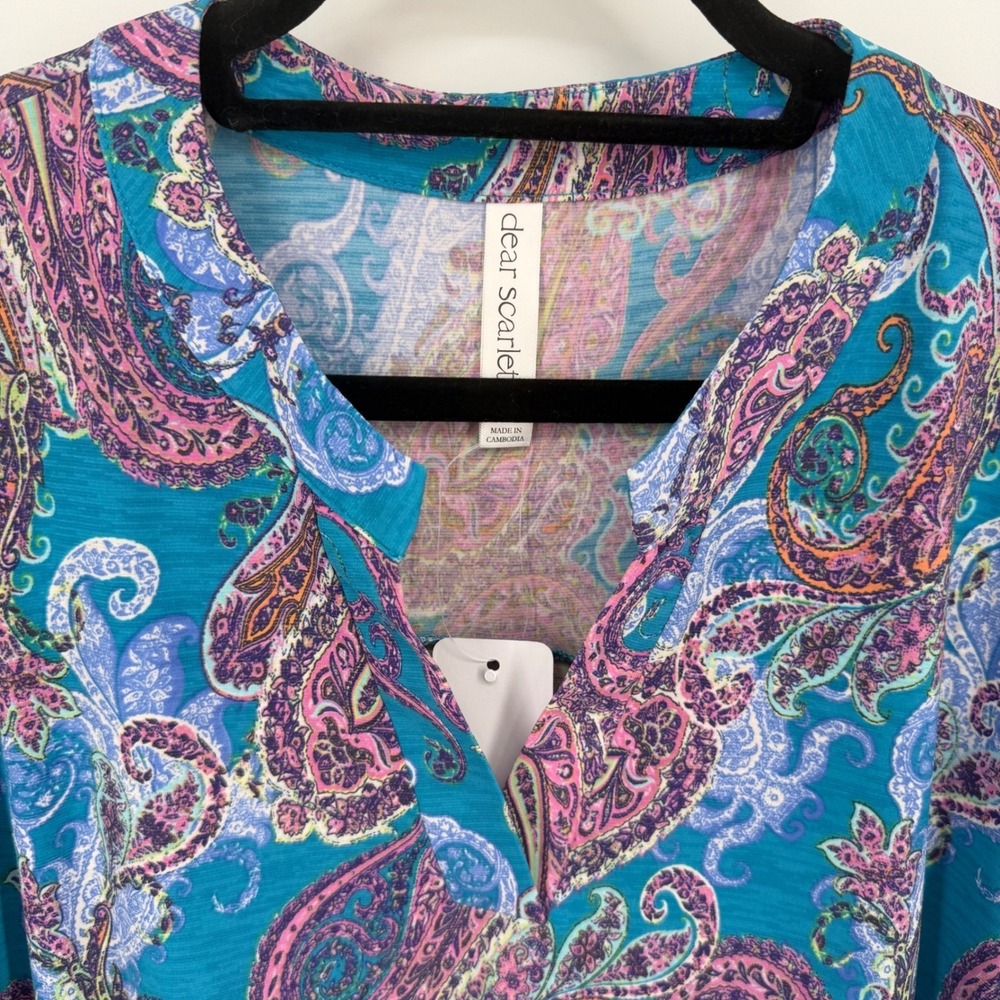 Dear Scarlett Teal Pink Paisley Roll Tab Sleeve Shift Dress 2X Non Wrinkle - Picture 4 of 10